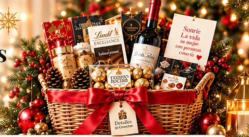 Ancheta navideña premium con regalos y cinta roja